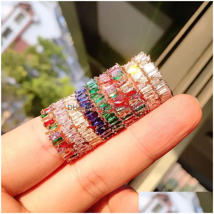 colorful women rainbow baguette cz ring cubic zirconia gold filled eternity band ring engagement rings fashion jewelry 2020