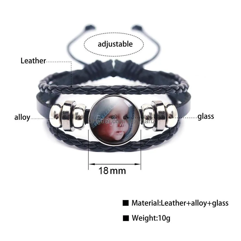 fashion design multi layer braided bracelets lovely baby art picture glass cabochon black leather wrap magnetic bracelet for men women