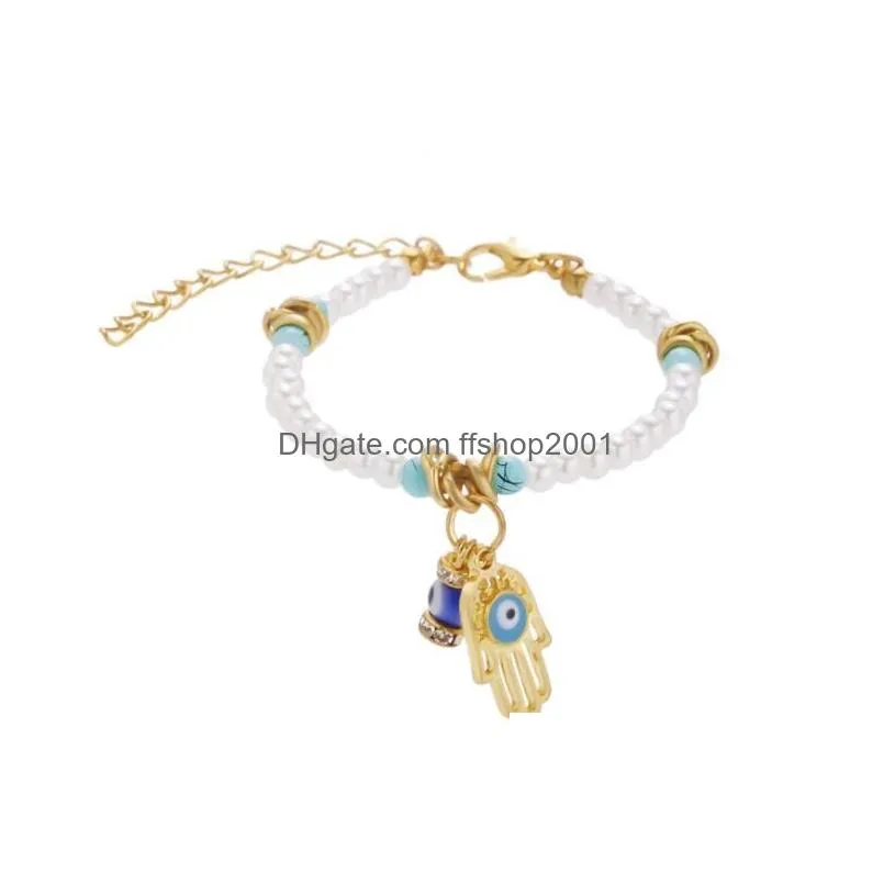 lucky hamsa hand pendant bracelet pearl beaded turkish evil eye for women men couple handmade friendship jewelry gift