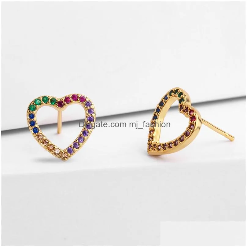 heart shape love stud earrings hollow circle colorful cubic zirconia stone earrings for women wedding bridal party ear jewelry gifts
