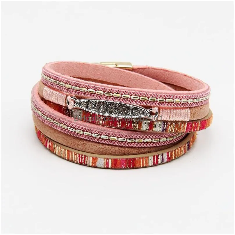  fashion multilayer leather bracelet colorful crystal wrap cuff bangle with alloy magnetic for women teen girl boy statement
