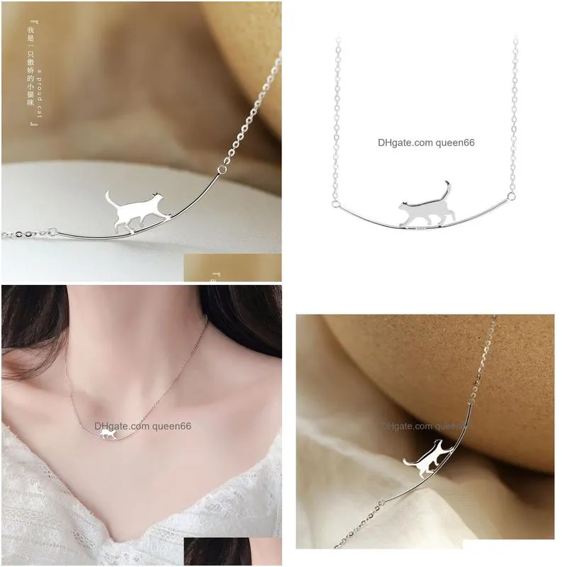 fashion 925 silver plating chain necklace clavicle chain cute curved animal walking cat necklaces