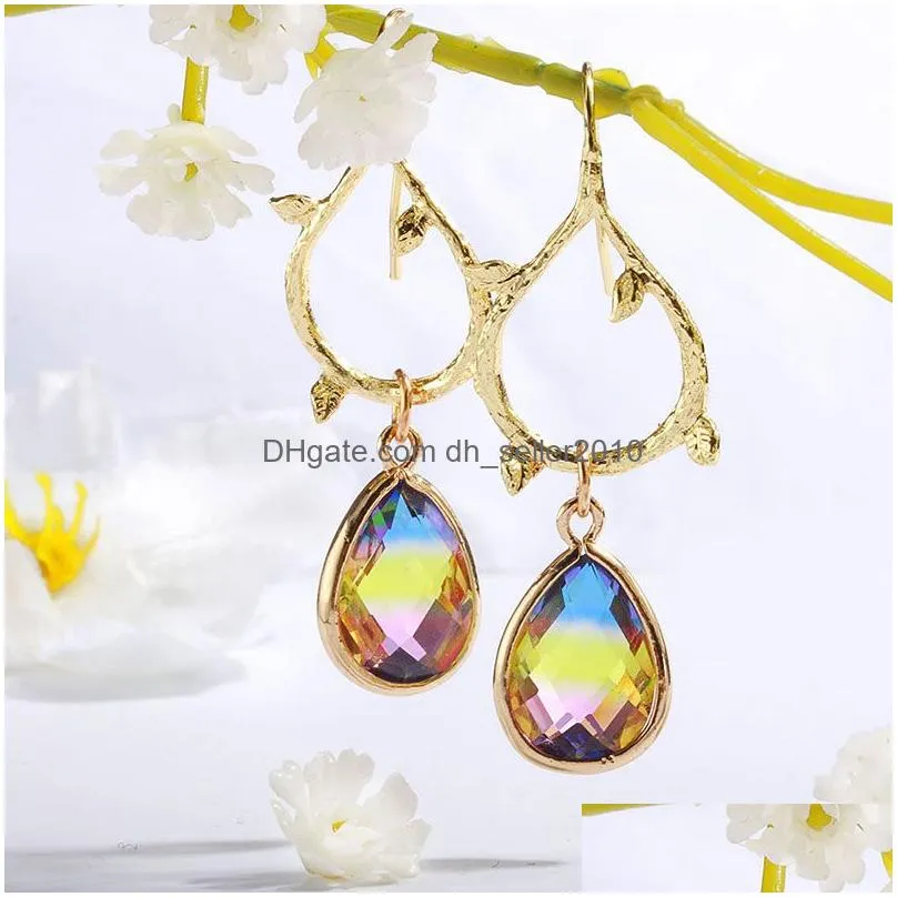 vintage rainbow crystal earrings for women water drop birthstone gold leaf teardrop earring 2019 fashion jewelry best gifts