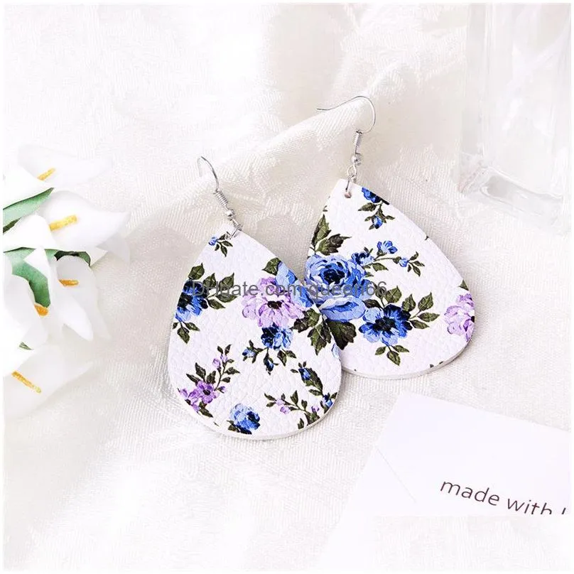 printing floral pu leather teardrop oval earrings fashion statement style earrings jewelry christmas gift 6 colors womens unique des