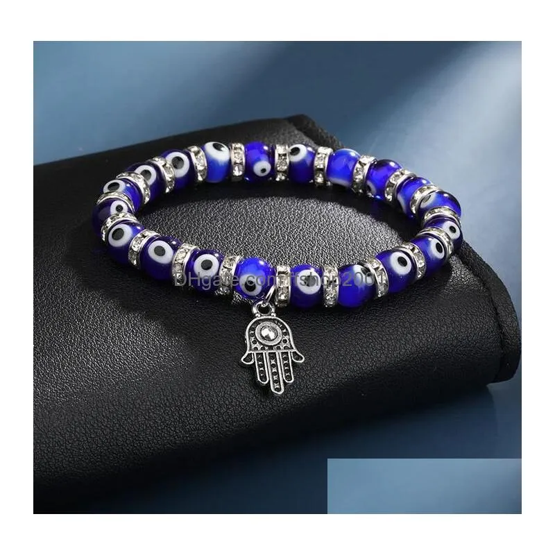 8mm turkey evil blue eyes beaded strands bracelets chain men women kids religious hamsa hand charm bracelet bangles handmade jewelry
