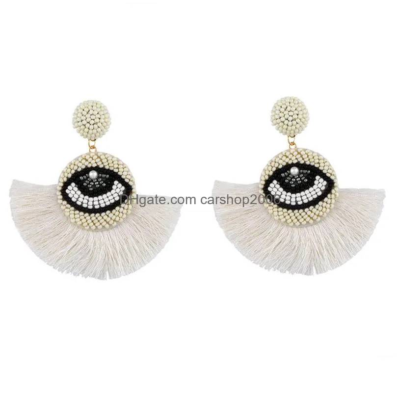 boho tassel earrings for women ethnic evil blue eyes drop earrings crystal bead long fringed dangle earrings wedding jewelry