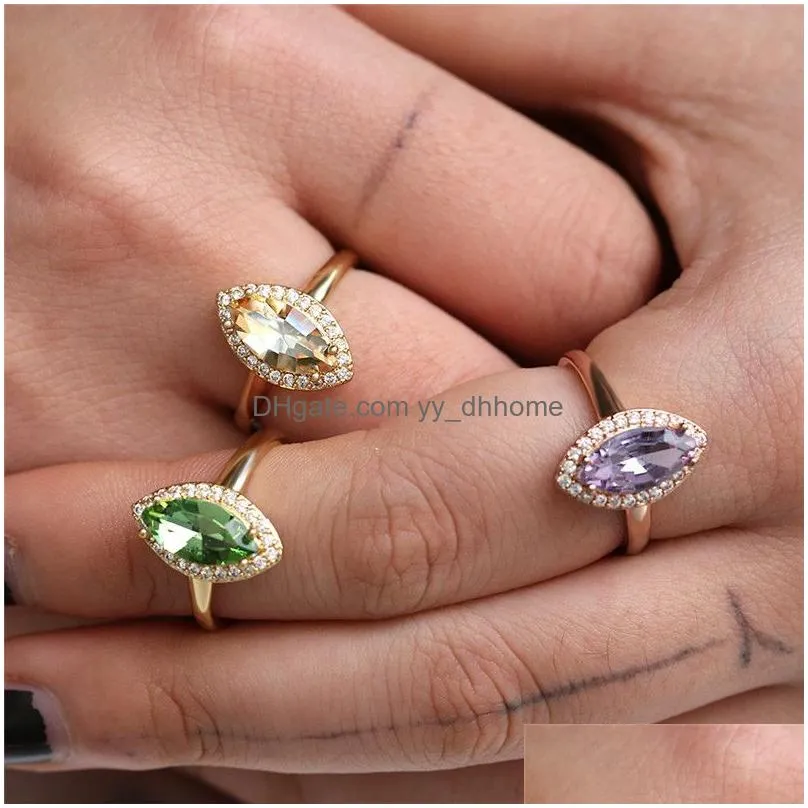  trendy olive shape gold rings for women champagne purple green high quality zircon wedding jewelry accessories gifts