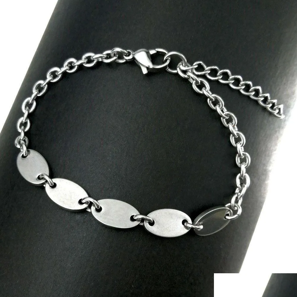 titanium steel heart oval charm bracelets stainless steel blank pendant chain own engravable bracelet for women men bracelet jewelry
