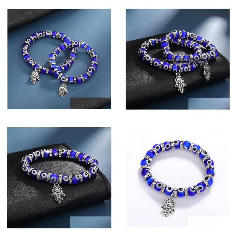 8mm turkey evil blue eyes beaded strands bracelets chain men women kids religious hamsa hand charm bracelet bangles handmade jewelry