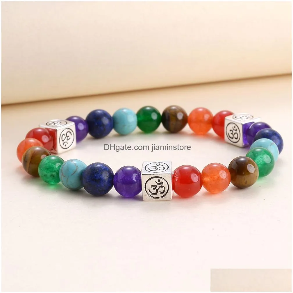 7 chakra stone beaded bracelets om pendant stretch strand bracelet for men women yoga charm jewelry