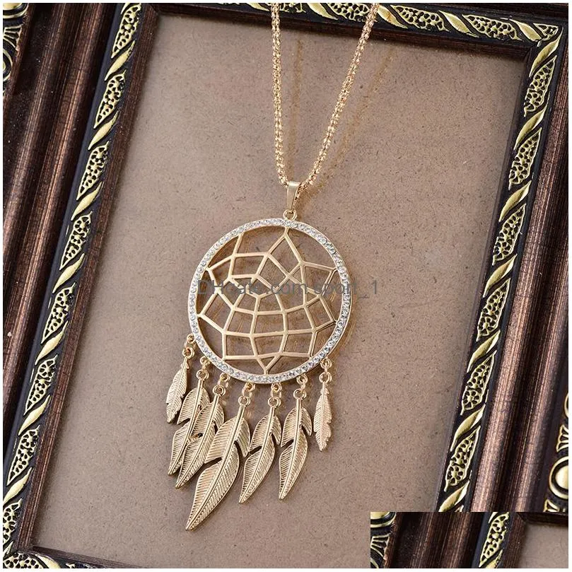 long tassel leaf feather necklace hollow jewelry dream catcher pendant gold color necklace for women gift