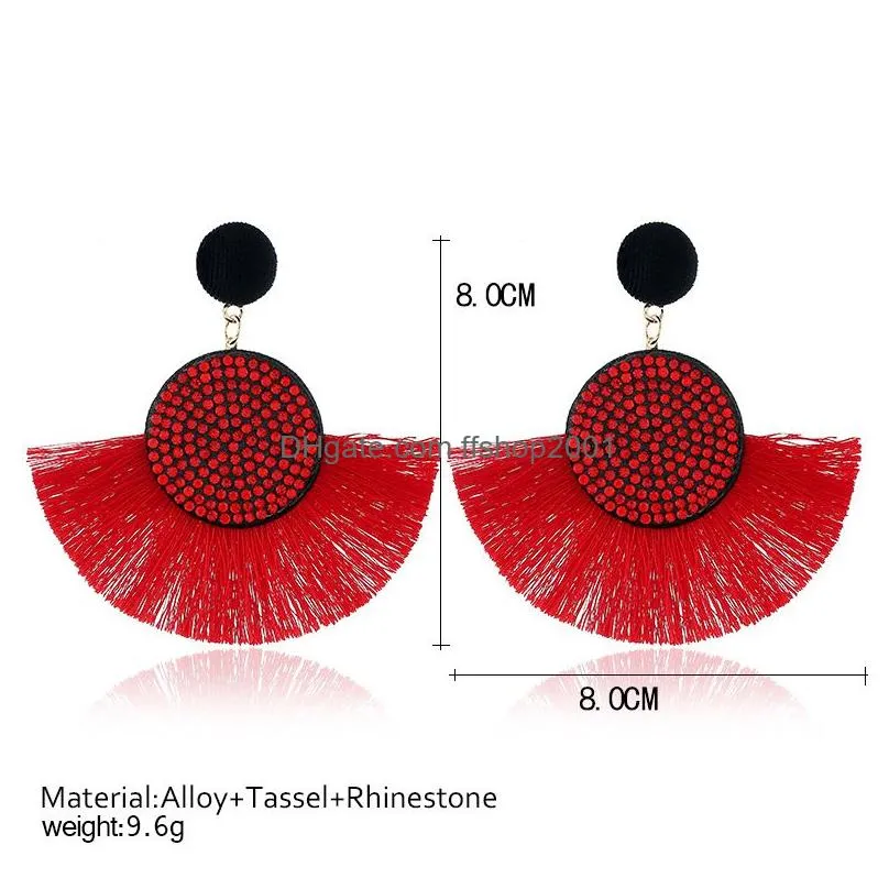 bohemian tassel earrings vintage statement crystal drop earrings for women black red yellow big fan shape dangle fringe earrings 2019