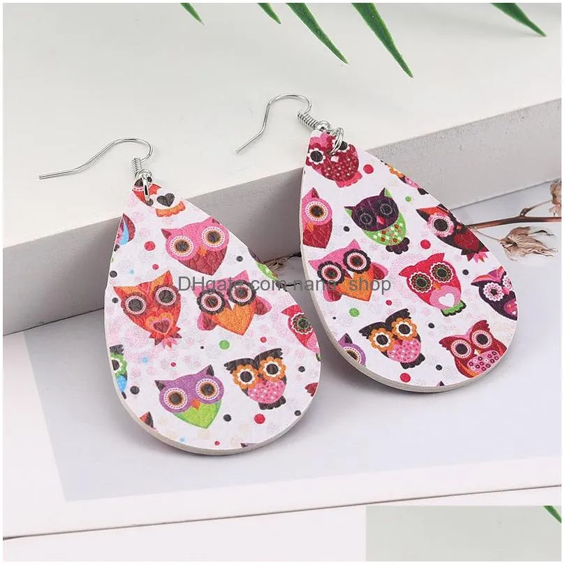 cute animal print pu leather dangle earring for women double side cat dog owl pattern waterdrop faux leather earrings party jewelry