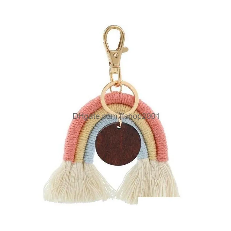 rainbow tassel key chain key ring with diy round wood for women handmade keychains boyfriend gift girl cute keychain bag charm