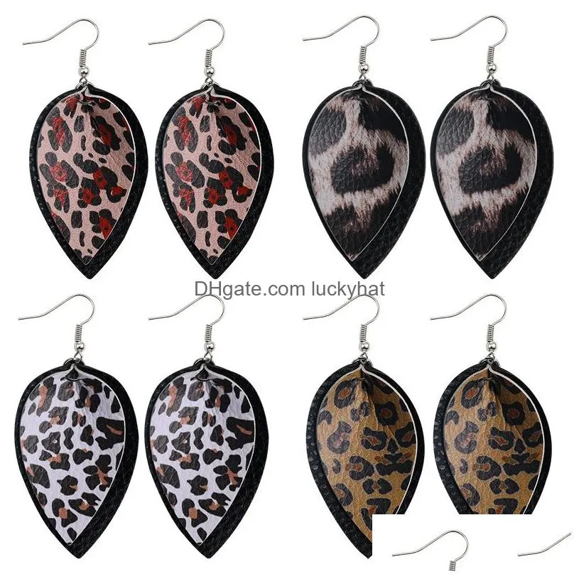 fashion leather leaf waterdrop dangle earrings zebra black white stripes leopard double layer earring for elegant girls women jewelry