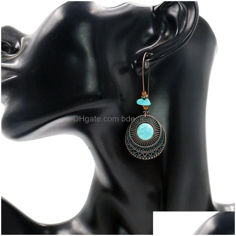  arrival vintage hollow earrings antique round blue stone pendant hollow enamel flower dangle earrings jewelry for women
