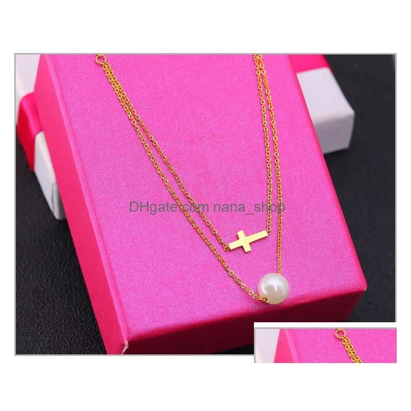 women stainless steel pear cross pendant necklace fashion gold rose gold silver chain double layer pendant necklace jewelry gift