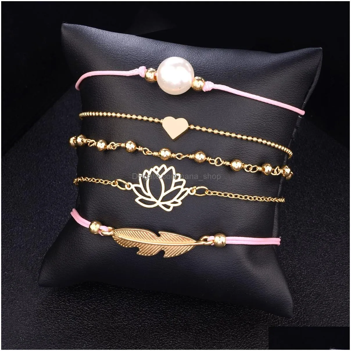 bohemian leaves heart love lotus pearl bracelet chain woven multilayer bracelet set women fashion gold jewelry