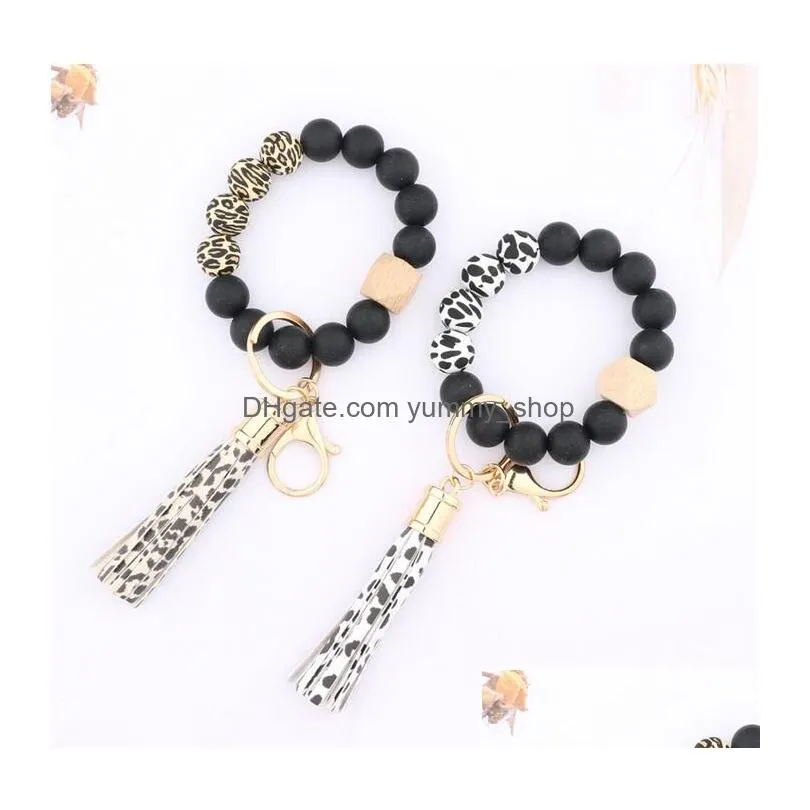 wooden tassel bead string bracelet keychain food grade silicone beads bracelets women girl key ring wrist strap