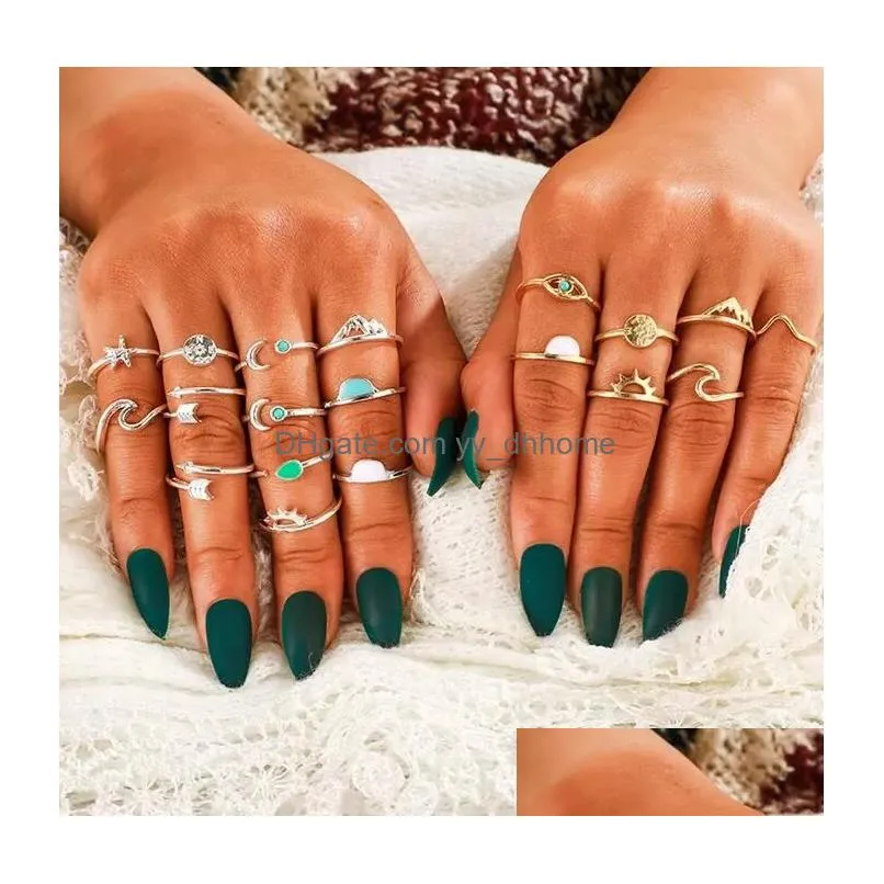 19 pcs/set charm gold silver finger ring set vintage boho ocean wave turquoise starfish knuckle party rings punk jewelry gift for girl