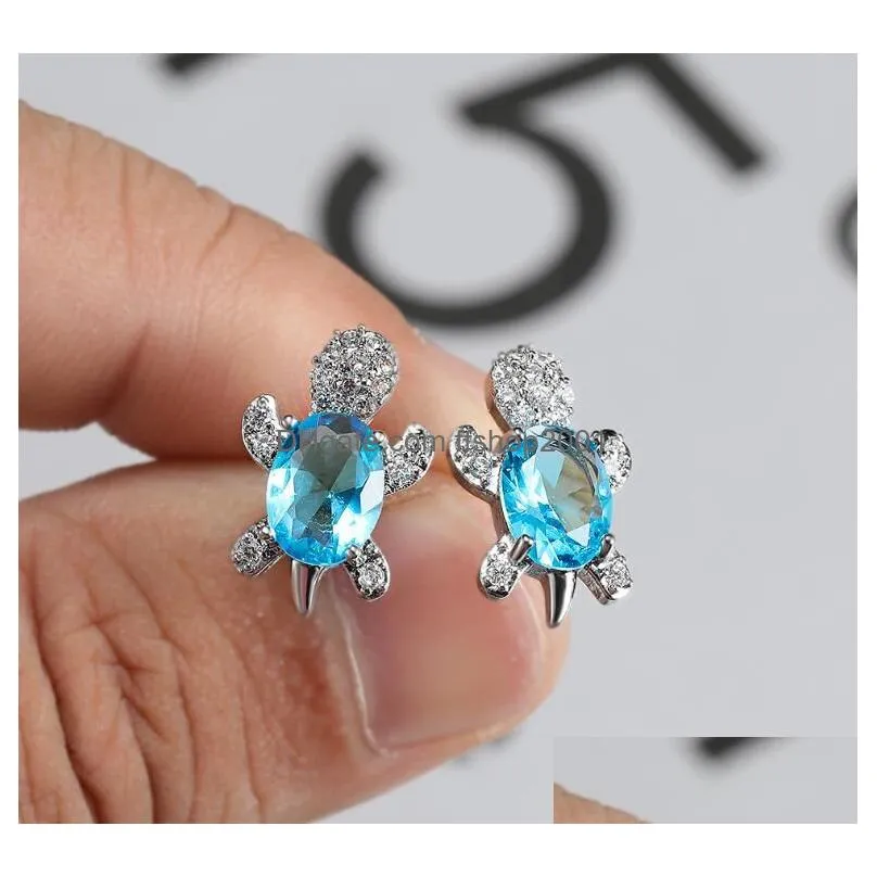 cute design white gold plated gemstone stud earring copper turtle animal earrings for women gift 16 colors