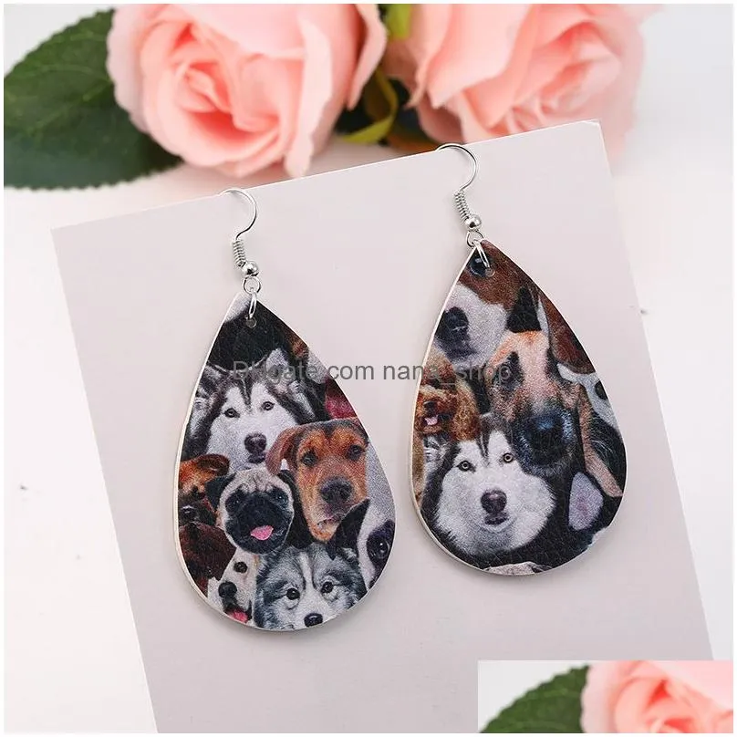 cute animal print pu leather dangle earring for women double side cat dog owl pattern waterdrop faux leather earrings party jewelry