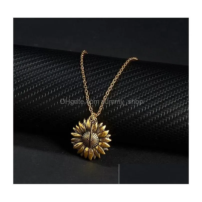 you are my sunshine sunflower necklaces for women gold open locket pendant long chain fashion inspirational jewelry gift wholesale