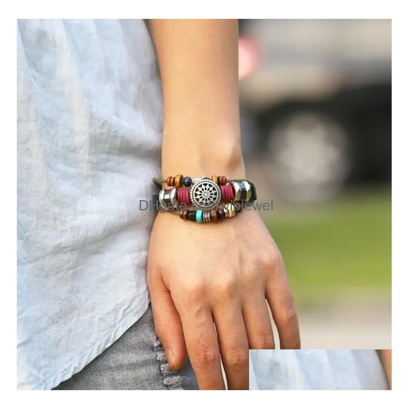 fashion multilayer men beaded leather bracelets sun shape charms braided bracelets for men women vintage punk wrap wristband jewelry