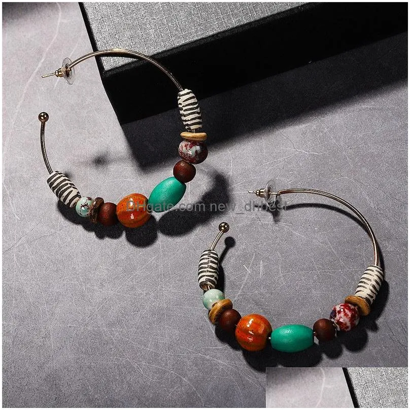 2019 beads round big hoop earrings for women girl handmade resin wood bead charm bohemian ethnic statement earring jewelry gifts