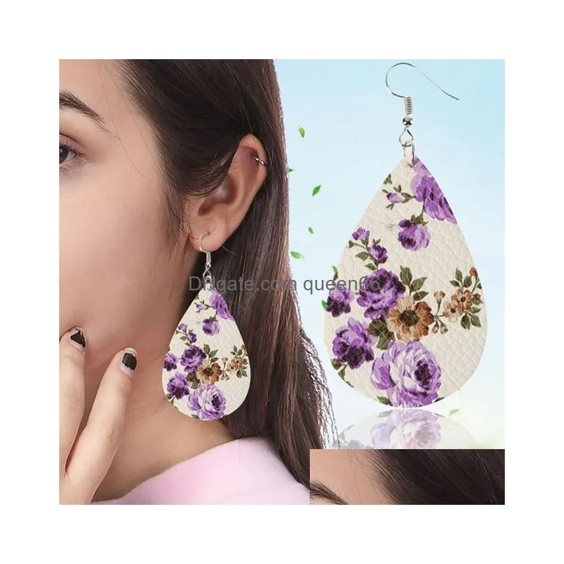 printing floral pu leather teardrop oval earrings fashion statement style earrings jewelry christmas gift 6 colors womens unique des