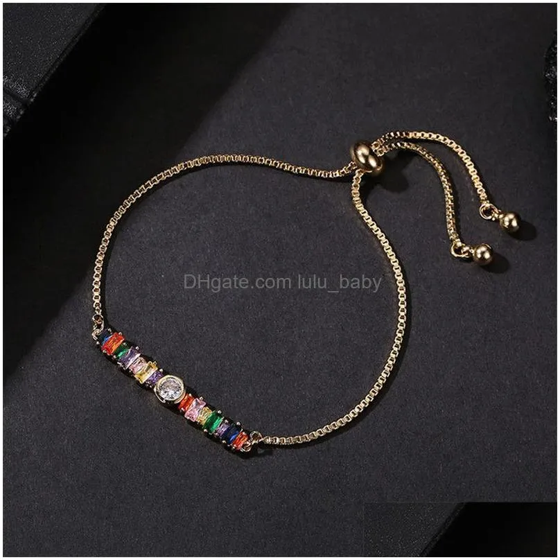 gold rainbow zircon bracelet colorful adjustable chain tennis rainbow bracelet for women girls fashion jewelry box chain bracelet