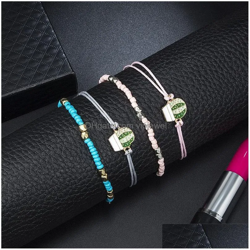 4pcs/set pink blue beaded bracelet vintage boho prickly pear cactus charm rope bracelets bangles for wome 2019 summer 