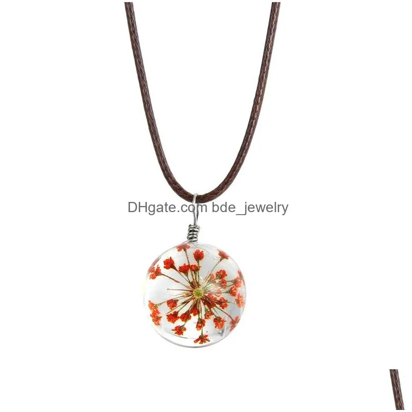 fashion dried flower glass ball necklace pendant rope chain necklace for women strip leather choker wedding jewelry gift