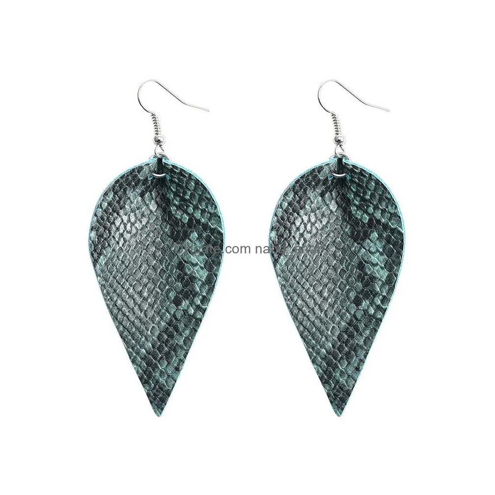 fashion design pu leather dangle earrings for women snake skin pattern light weight leaf leather hook earrings jewelry gifts