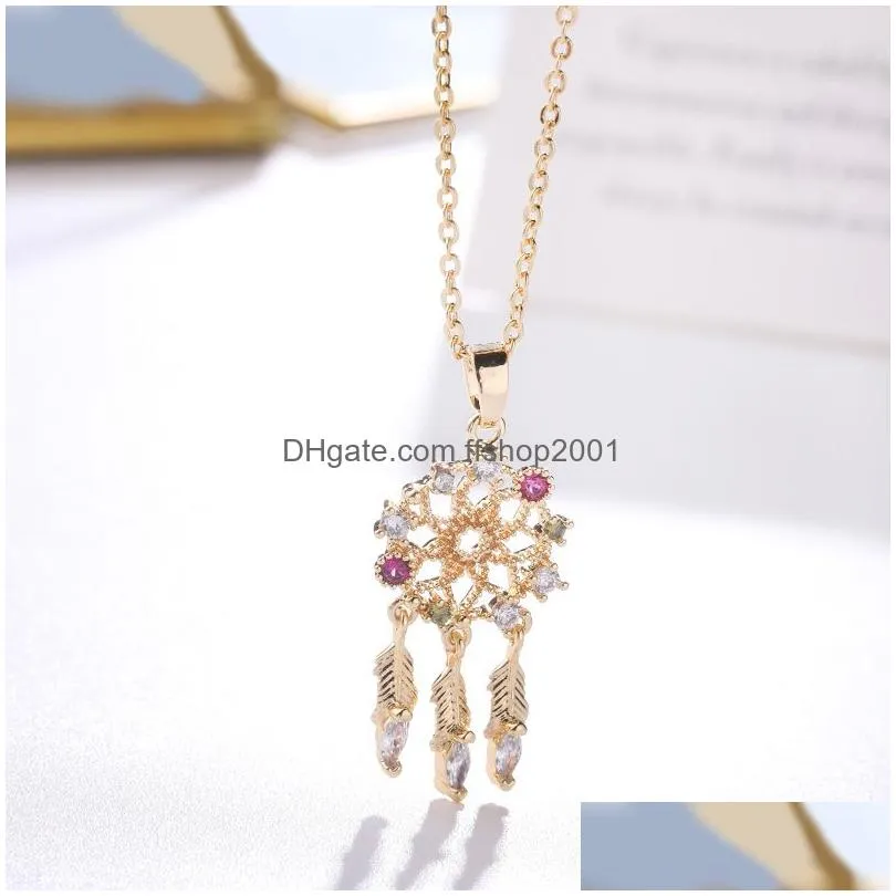  est hollow dream catcher pendant necklace for women cubic zircon gold pendant necklace feather charm fashion lady girls jewelry