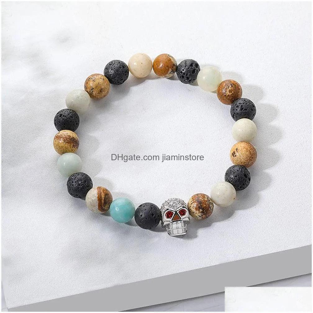 new cz skull charm bracelet lava stone bead bracelets for men or women wholesale yoga jewelry