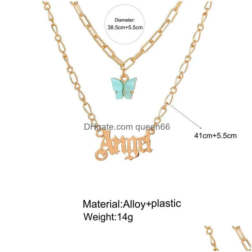 love initial letter necklace fashion acrylic butterfly layered necklace for girl lady gold link chain necklaces for women jewelry