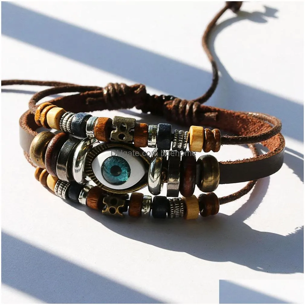 fashion turkey blue eyes leather bracelets beaded braided alloy hand for men and women bracelets lucky wholesale jewelry gift