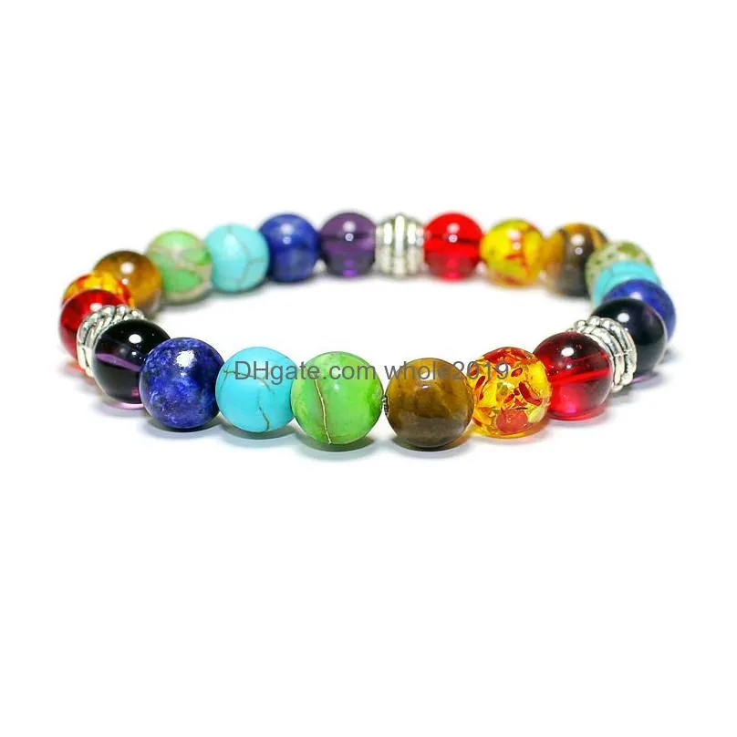 new adjustable 7 chakras beaded bracelets 8mm natural stone bead elastic yoga buddha tiger eye bracelet for women men wholesale