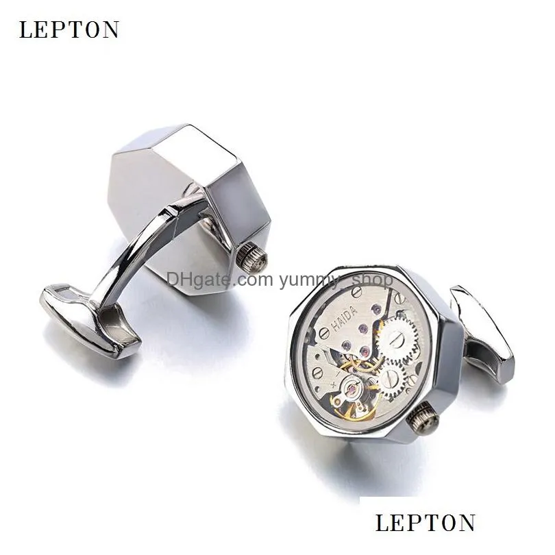  watch movement cuff links of immovable with glass lepton stainless steel steampunk gear watch mechanism cufflinks for mens