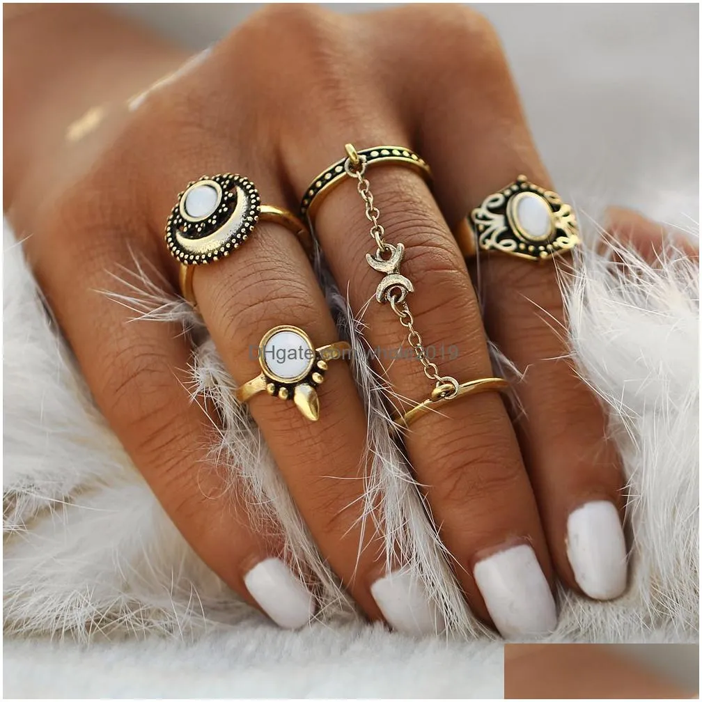 wholesale if me ethnic turkish moon sun finger rings set natural opal stone link chains midi rings jewelry for women antique gold