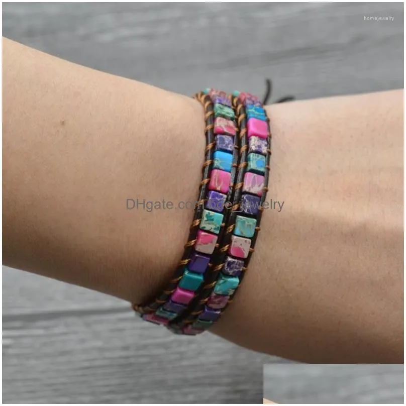 strand joursneige hand weaving boho bracelets color square natural stone single leather wrap cuff vintage bracelet jewelry