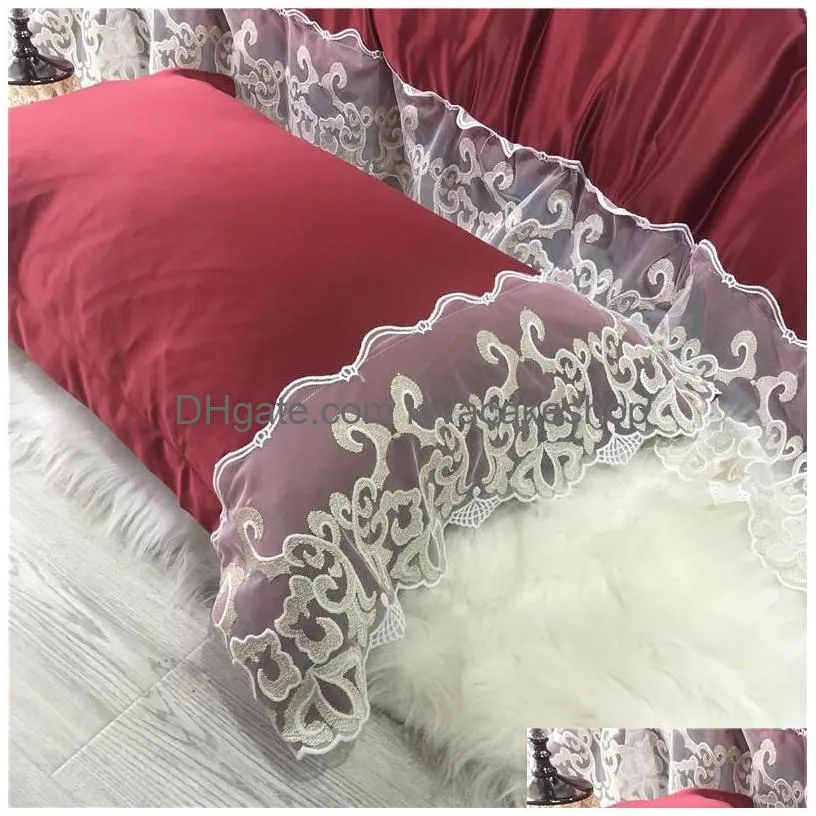 luxury wine red green gray white pink silky washed silk duvet bed lace bedding pillowcases sheet/linen cotton set cover girl1