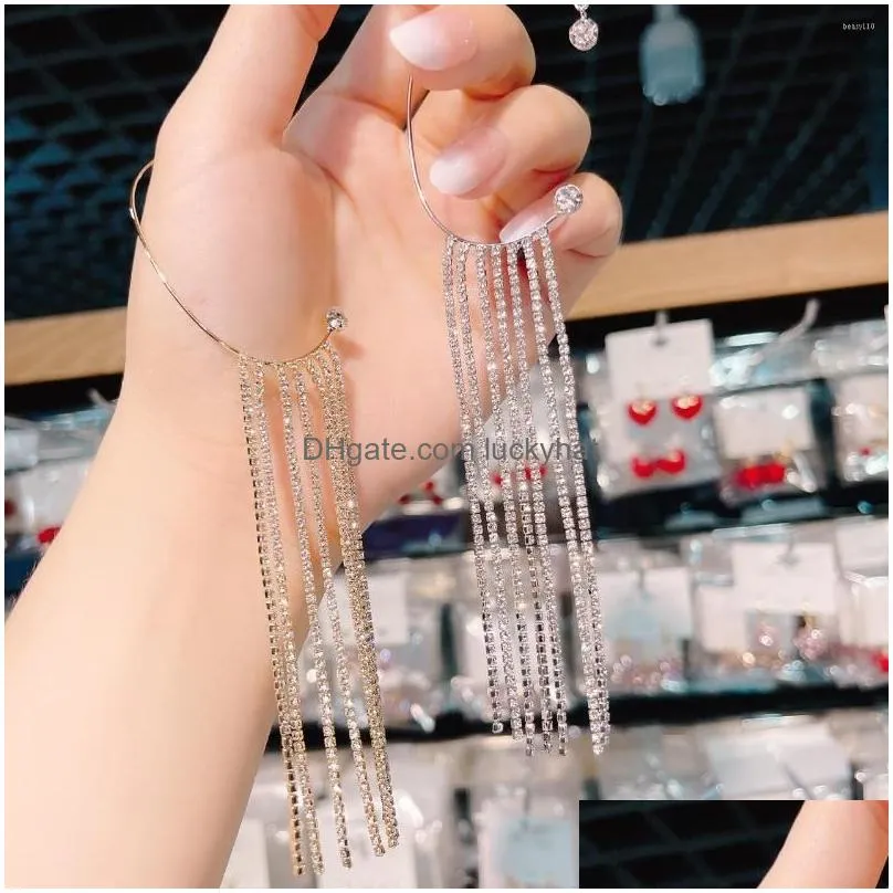 backs earrings fashion long tassel for women luxury crystal pearl ear cuff clip earring korean wedding party prom jewelry