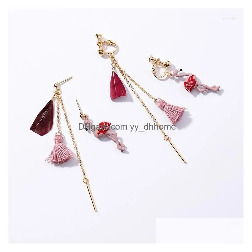 backs earrings shifeel fashion korea asymmetry flamingo red feather tassel sweet romantic ear clip earless hole long pendients