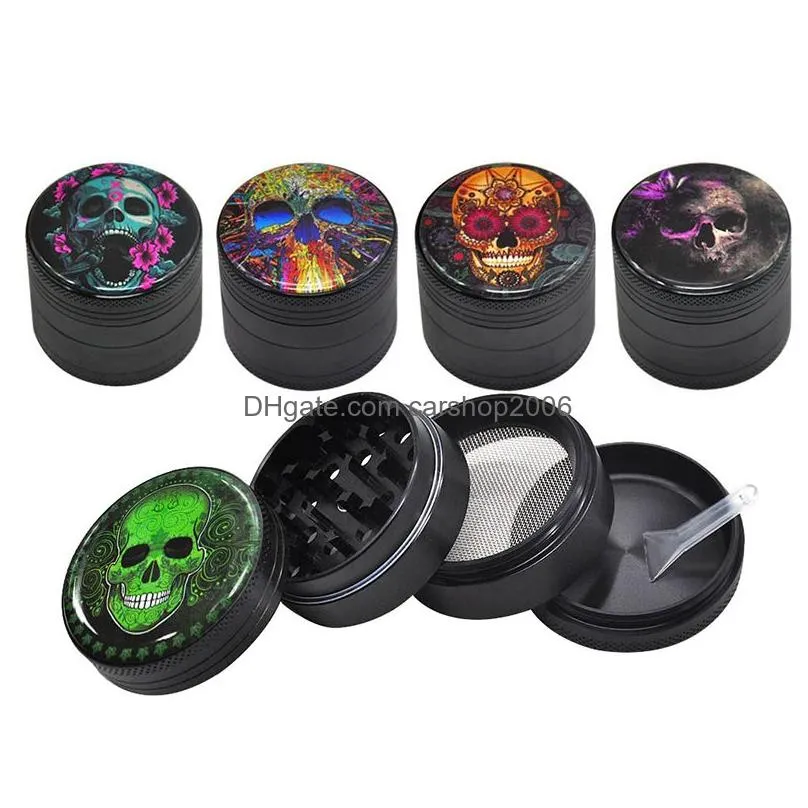 color skull herb grinder household smoking accessories personalized printing 4 layer metal tobacco grinders