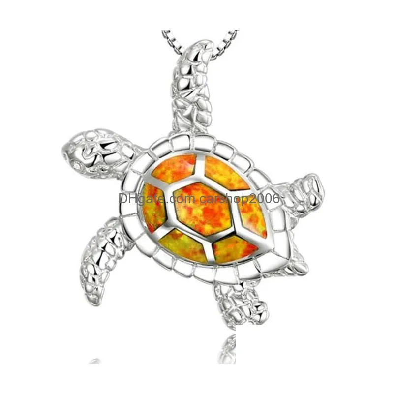 opal turtle pendant necklace silver chain jewelry for woman gift fashion cute necklaces