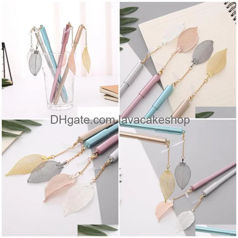 16pcs neutral pen metal real leaf pendant with dust stopper high quality student stationery