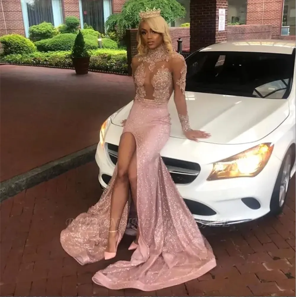 Long Sleeves High Neck Lace Mermaid Prom Dresses 2023 Pink Black Girls Lace Applique Split Backless Sweep Train Evening Gowns