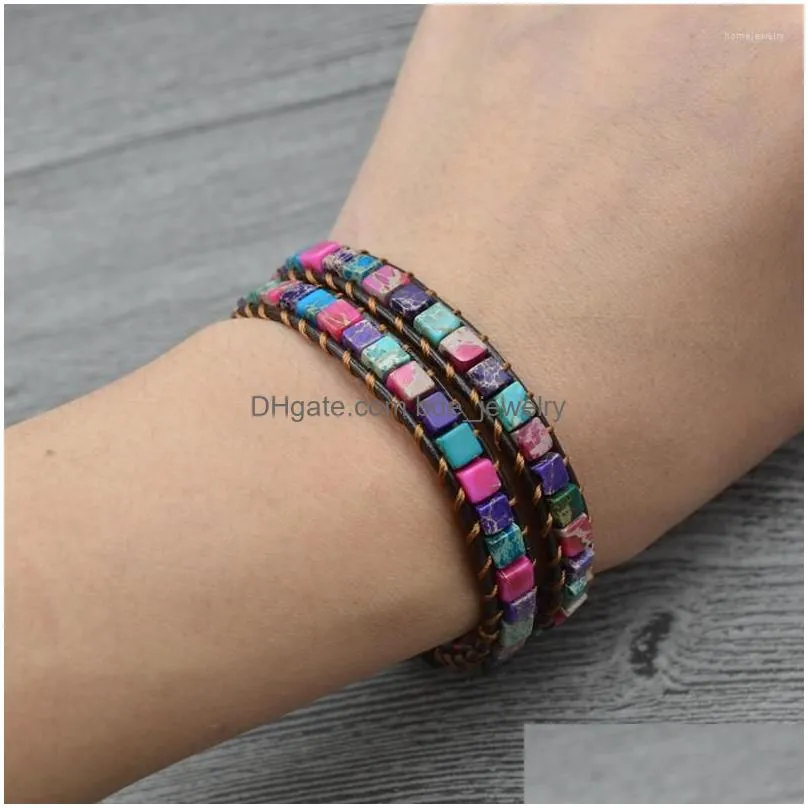 strand joursneige hand weaving boho bracelets color square natural stone single leather wrap cuff vintage bracelet jewelry
